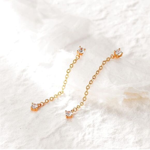 Gold 14k Gold Plated Cubic Zirconia Chain Dangle Earrings - Picture 1 of 4